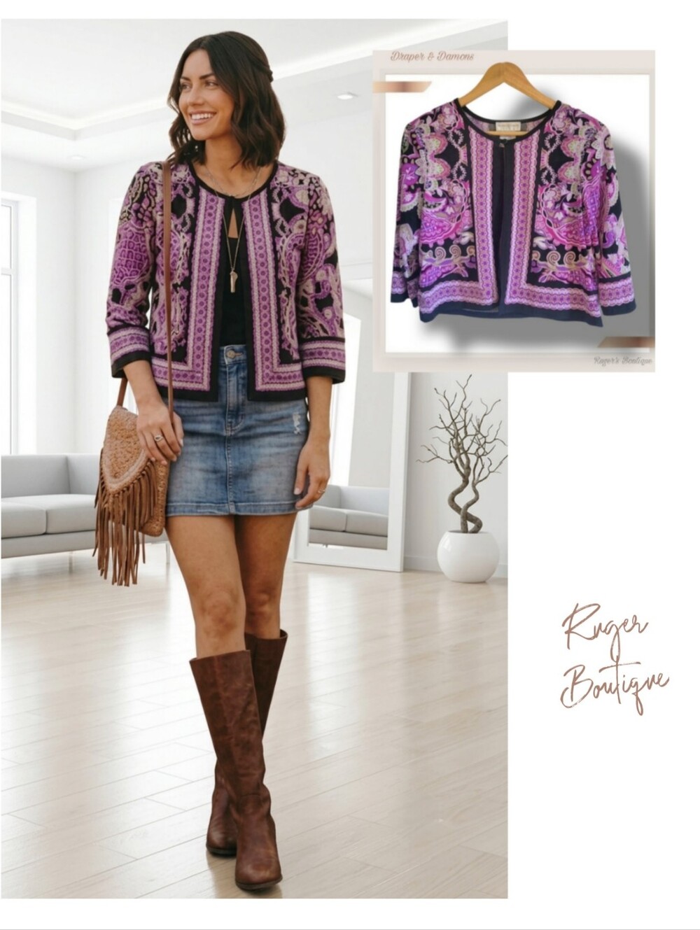 🌿Draper's & Damon's Women's 8P Purple Pink Black Multi Print Cropped Blazer